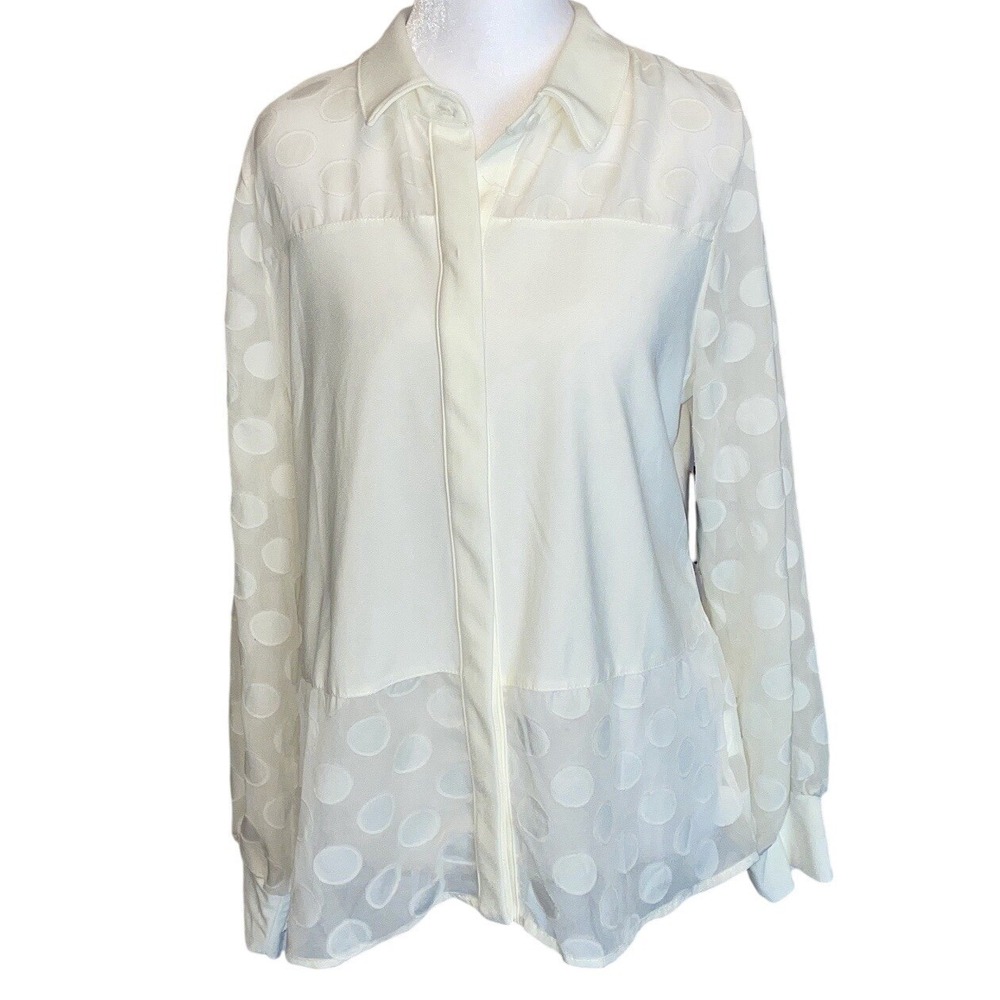 AUW New Cream Blouse Long Sleeve Sheer Tunic Button‎ Sz. Large Women's Career